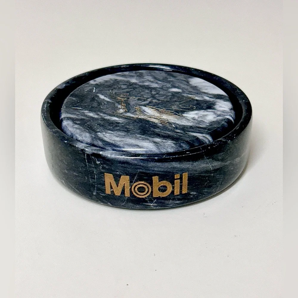 Vtg Executive Set of 2 Black Marble MOBIL Gas Oil Pegasus Logo Drink Coasters
